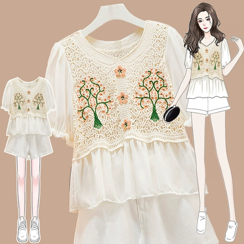 Шифоновый небольшой летний корсет, 2023, цветочный принт, короткий рукав, в западном стиле