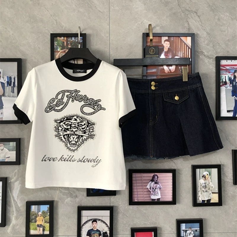 Короткая футболка женская повседневная с рисунком тигра бренда ED Ed Hardy, трендовый стиль, джинсовая короткая юбка-брюки в комплекте