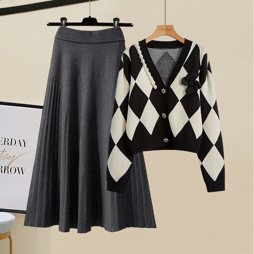 Демисезонный модный милый комплект, игла для бисера, кардиган, приталенная юбка, в стиле Шанель, высокая талия