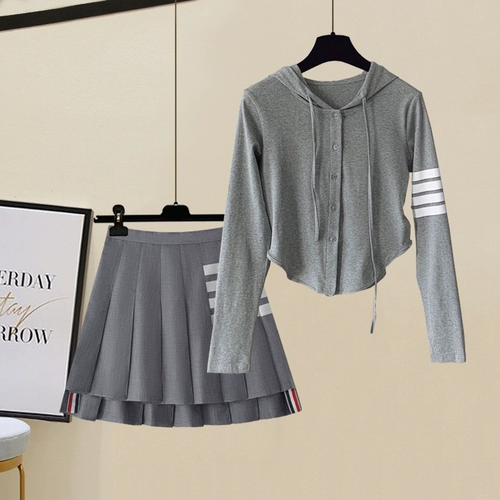 Осенний комплект, осенняя толстовка с капюшоном, юбка в складку, защита от солнца, плиссированная юбка