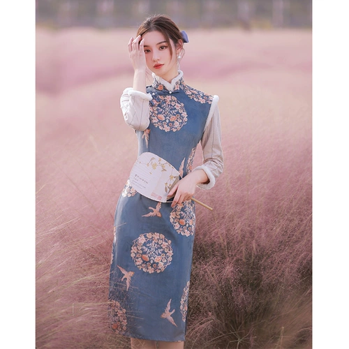 Демисезонное ципао, легкий лонгслив, красное платье, коллекция 2023, увеличенная толщина, светлый стиль