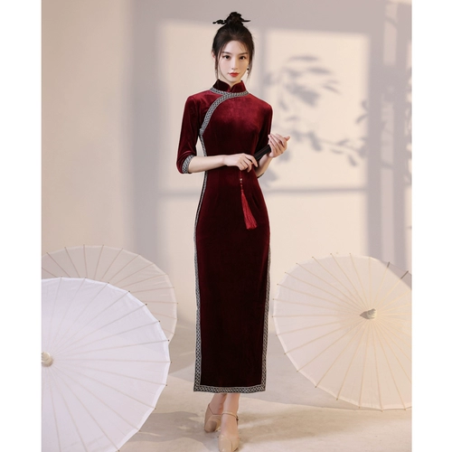 Красное ретро ципао, длинное бархатное платье, коллекция 2023, китайский стиль