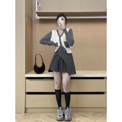 taobao agent Work knitted cardigan, jacket, fashionable pleated skirt, set, autumn, V-neckline