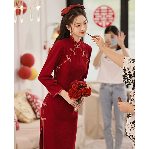Красное длинное ципао, легкое вечернее платье, свадебное платье для невесты, коллекция 2023, светлый стиль, китайский стиль