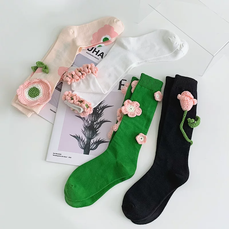 BUTINXX cute tulip hook flower long tube Japanese niche personality college style internet celebrity JK fashion mid-tube socks