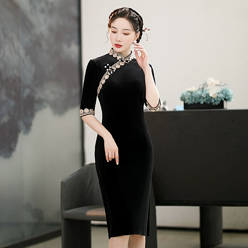 Черное бархатное осеннее ретро ципао, элитный лонгслив, длинное элегантное платье, яркий броский стиль, с рукавом