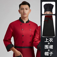 Красный лонгслив, фартук, шапка