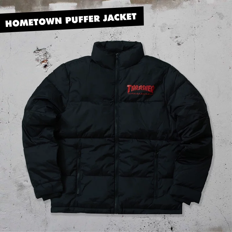 [THRASHER Official] Вязаная куртка-пуховик HomeTown с огненным принтом, теплая хлопковая куртка, куртка