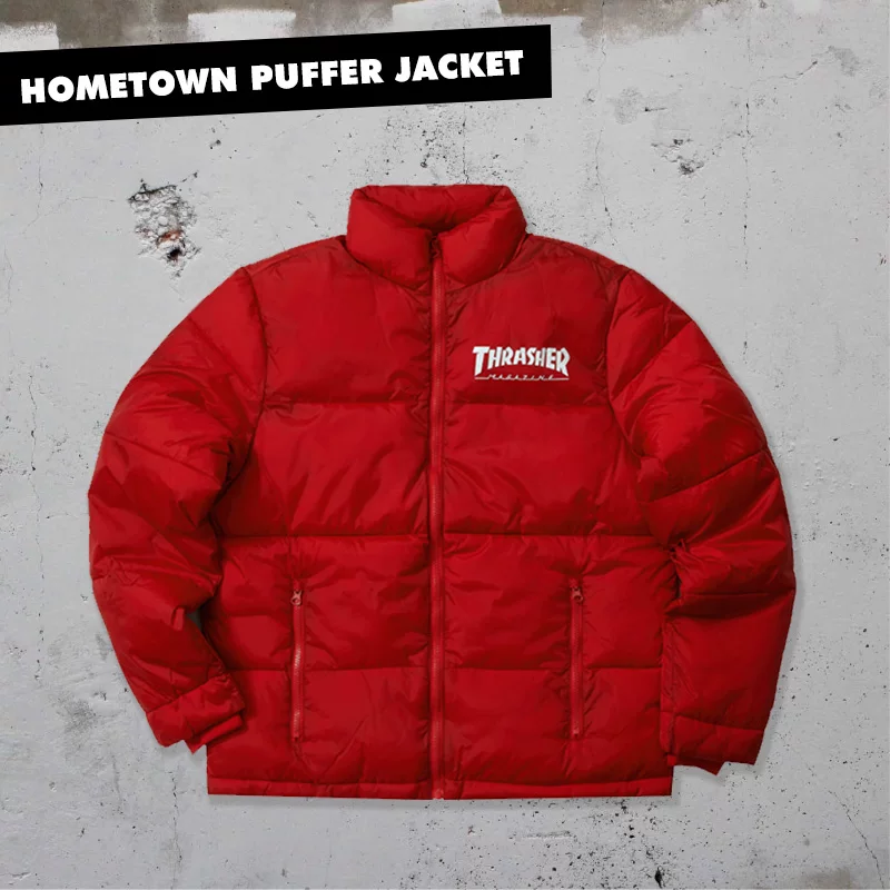 [THRASHER Official] Вязаная куртка-пуховик HomeTown с огненным принтом, теплая хлопковая куртка, куртка