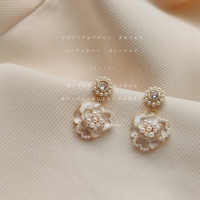 Pure lust style~925 silver needle camellia pearl earrings for women Korean Dongdaemun super fairy high-end earrings earrings
