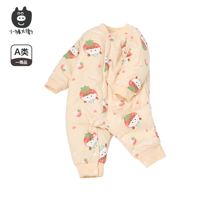 小猪大卫新生儿秋季保暖连体衣男女宝宝卡通印花中开夹棉爬服