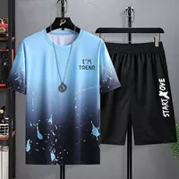Синяя мини-юбка с буквами, шорты, комплект, градиент, короткий рукав