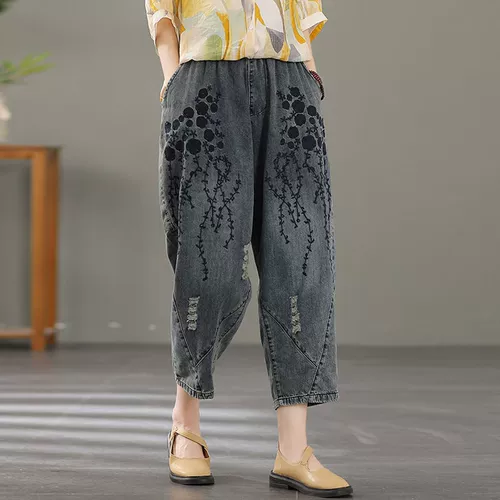 Летние штаны, ретро джинсы, с вышивкой, оверсайз