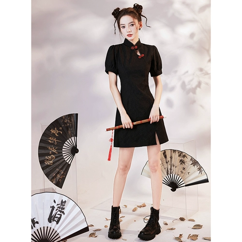 Легкое ципао, короткое черное платье, китайский стиль, коллекция 2023, светлый стиль, подходит для подростков
