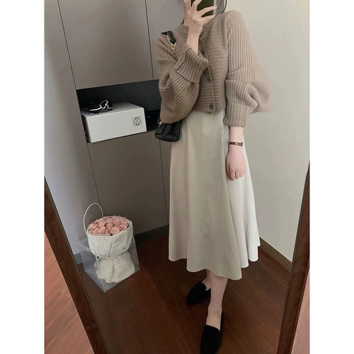 Осенний лонгслив, кардиган, комплект, платье, длинная юбка, 2023, французский стиль, по фигуре