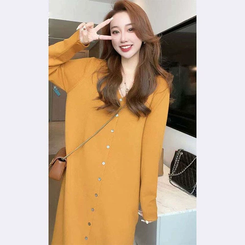 Осеннее трикотажное платье, свитер, длинная юбка, V-образный вырез, изысканный стиль