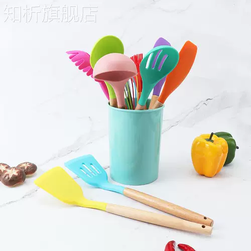 Цветная силиконовая кухонная утварь, набор кухонной утвари, деревянная ручка, кастрюля с антипригарным покрытием, силиконовая лопаточка, набор кухонной утвари из 12 предметов