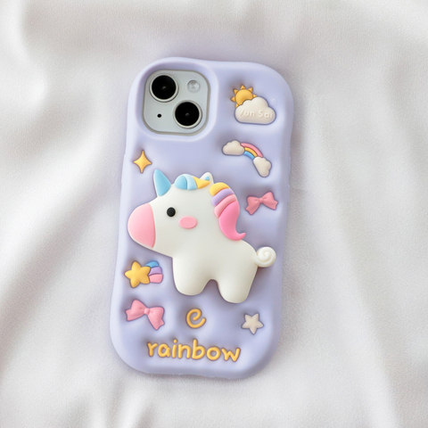 Silicone Cartoon Kickstand : Cute Unicorn, Soft – 16, 15, 14, 13, 12 iPhone Case