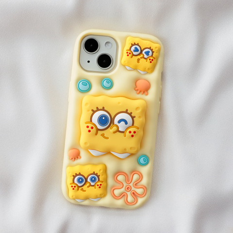 Spongebob Silicone : Yellow Cartoon Kickstand Plus/Pro/Max – 16, 15, 14, 13, 12 iPhone Case