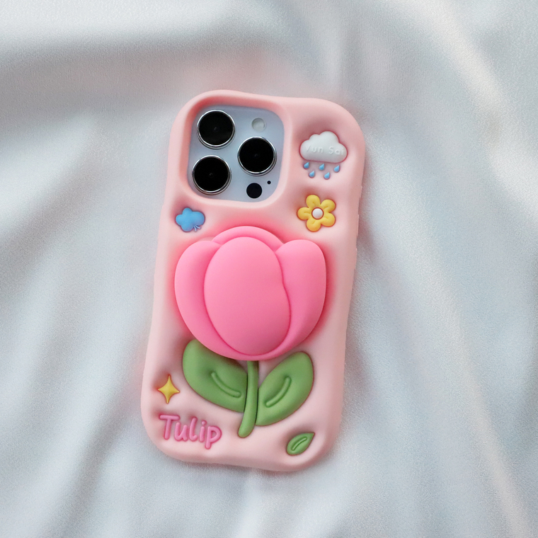 3D Raised Tulip & Clouds Cartoon Stand iPhone Case