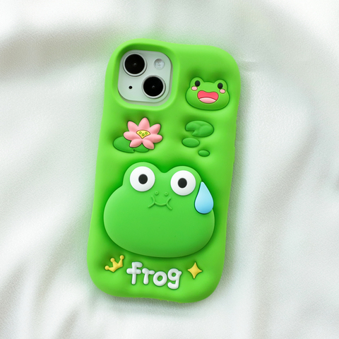 Silicone Frog Kickstand : Pastel Green Frogs, Lotus For Girls – 16, 15, 14, 13 Plus/Pro/Max iPhone Case