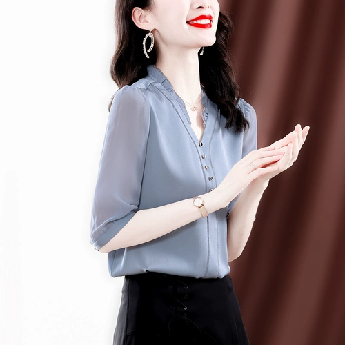 Шелковая летняя модная рубашка для матери, V-образный вырез, в западном стиле, короткий рукав