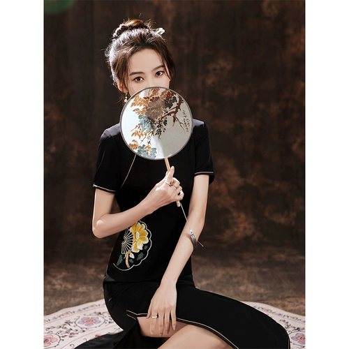 Черное летнее длинное ретро элегантное элитное ципао, по фигуре, китайский стиль, изысканный стиль