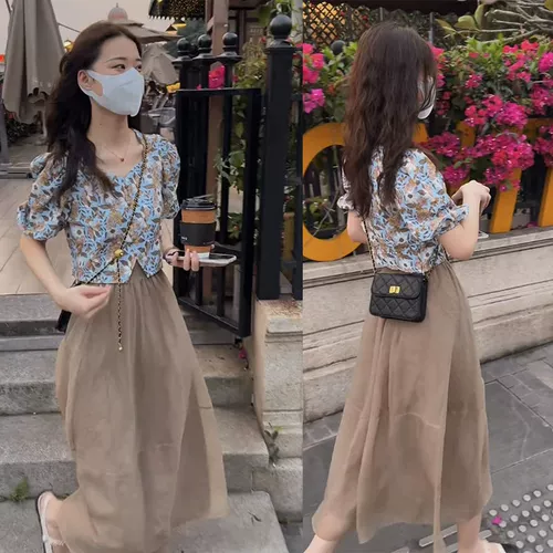 Ретро летний милый комплект, в западном стиле, цветочный принт, А-силуэт