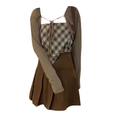 taobao agent Cardigan, long-sleeve, knitted sweater, jacket, summer bra top, plaid tube top, pleated skirt
