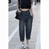 Штаны, осенние ретро джинсы, высокая талия, для формы тела «груша», большой размер, по фигуре, свободный крой