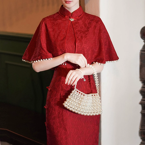 Демисезонное ципао, красная кружевная элитная накидка, платье, коллекция 2023