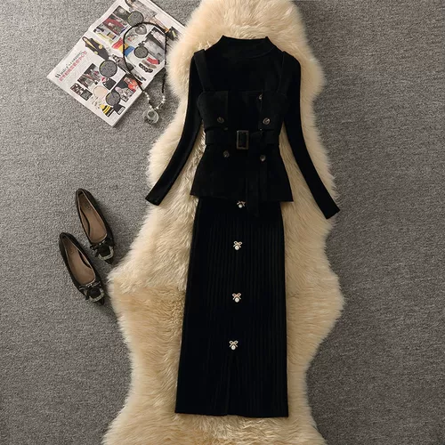 Весенний комплект, юбка, вельветовый корсет, трикотажный жилет, свитер, в стиле Шанель, с акцентом на бедрах, 3 предмета