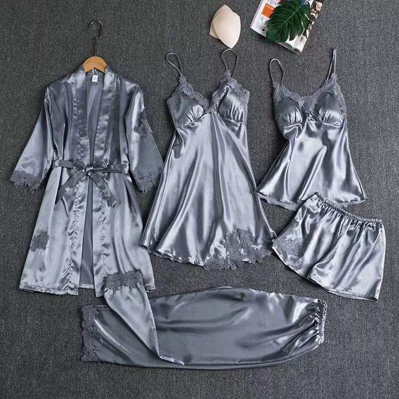 Топ с чашечками, осенний пижамный костюм, комплект, сексуальное slip-платье, юбка, с длинными рукавами, халат