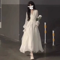 Белый лонгслив, платье, V-образный вырез, французский стиль