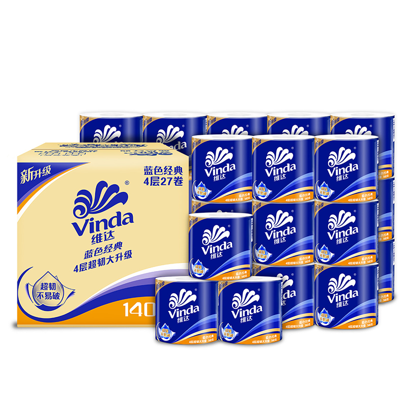 维达有芯卷纸蓝色经典4层卫生纸厕纸卷筒纸140克27卷箱装