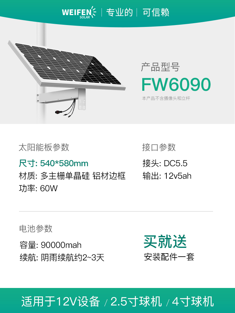 光伏板60W 电池90AH 适合2.5寸球机，4寸球机