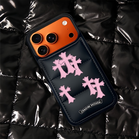 Chrome Hearts Puffer 17 Pro Max/16 Pro/15/14 Pro Max Leather – Designer Orange With Crosses & Card Holder iPhone Case