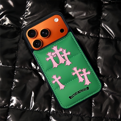 Chrome Hearts Puffer 17 Pro Max/16 Pro/15/14 Pro Max Leather – Designer Orange With Crosses & Card Holder iPhone Case