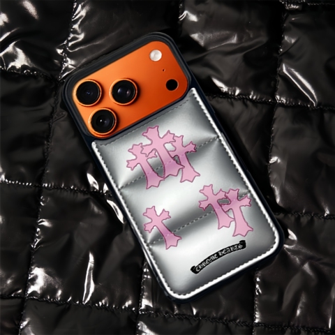 Chrome Hearts Puffer 17 Pro Max/16 Pro/15/14 Pro Max Leather – Designer Orange With Crosses & Card Holder iPhone Case