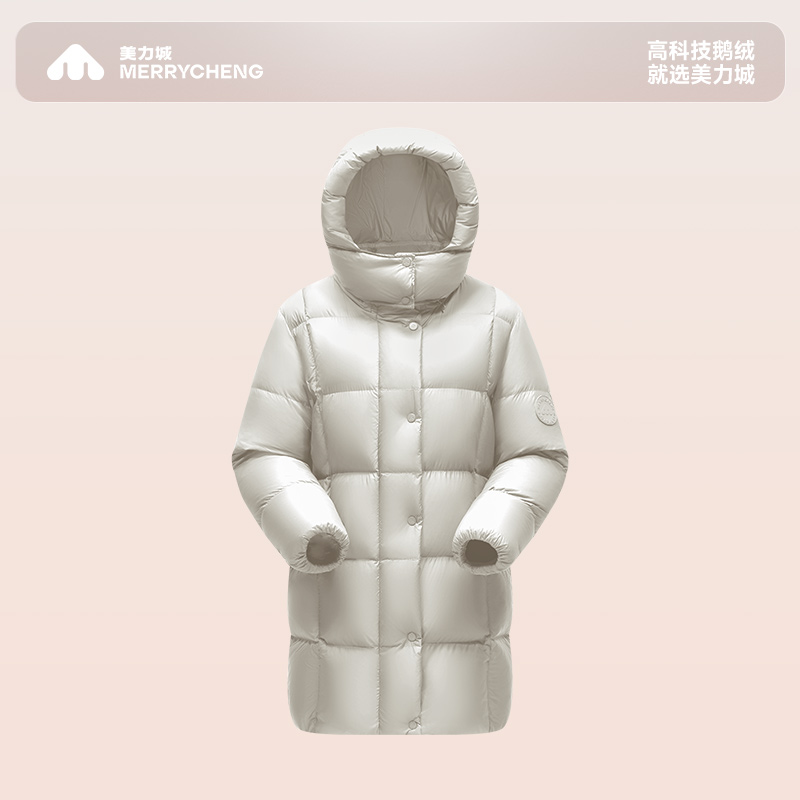 【新品】美力城鹅绒连帽外套女士秋冬季新款保暖中长款羽绒服157