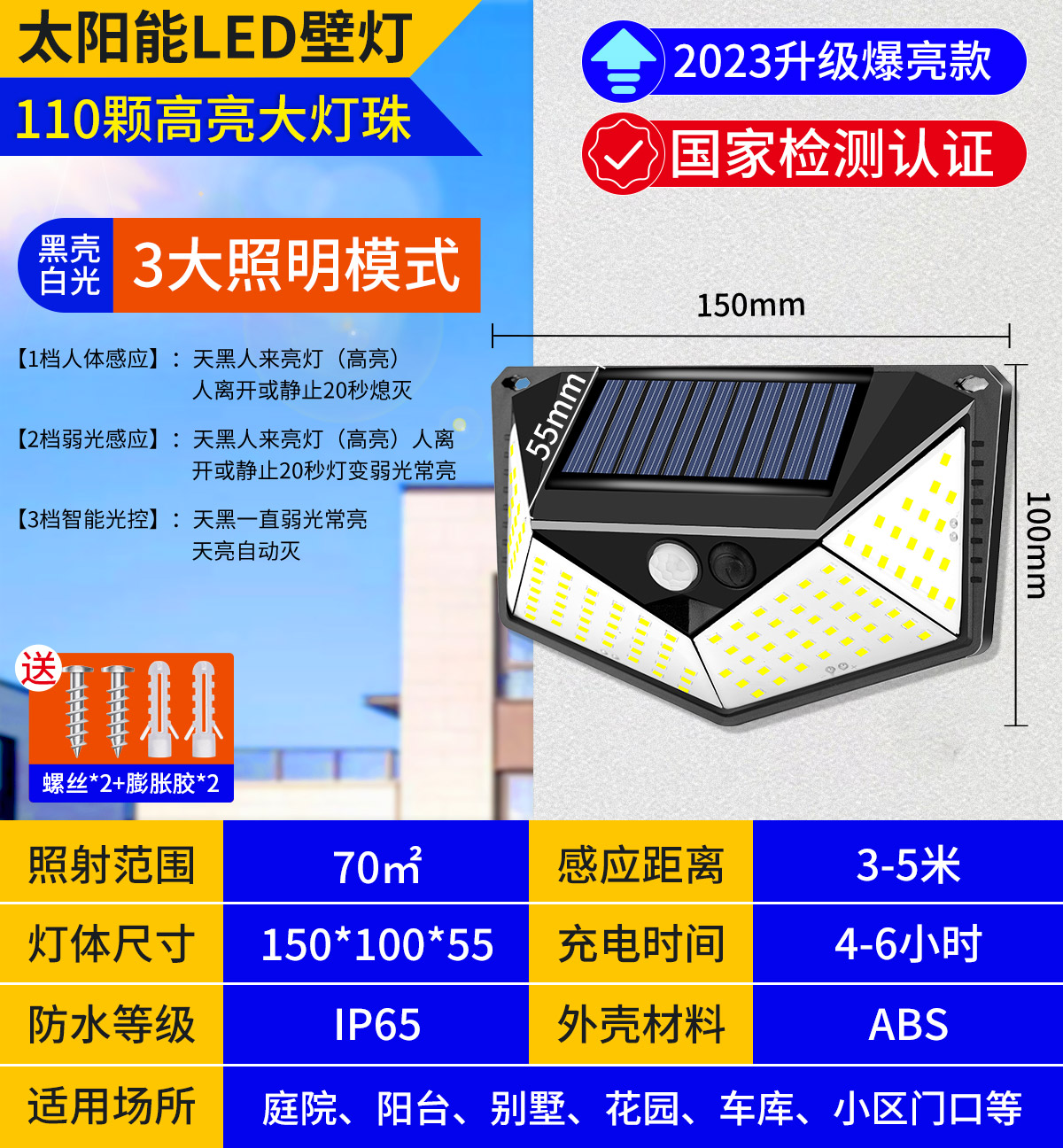 特亮-110颗LED灯芯【人体+弱光+光控】三档模式