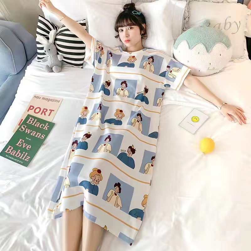 睡裙少女短袖韩版卡通学生家居服夏季睡衣薄款长款过膝连衣裙AI
