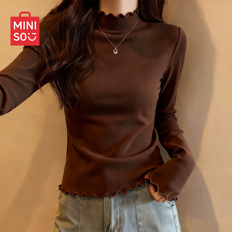MINISO/名创优品木耳边打底衫女内搭2026新款秋冬深咖色打底上衣J 耳女实拍商品图