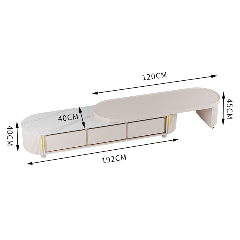 EMR-杏色椭圆伸缩电视柜 亮面雪山白