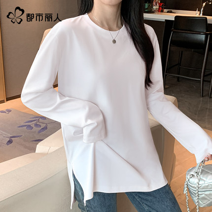 都市丽人纯棉内搭打底衫女冬季2025新款白色长袖t恤宽松开叉上衣Y