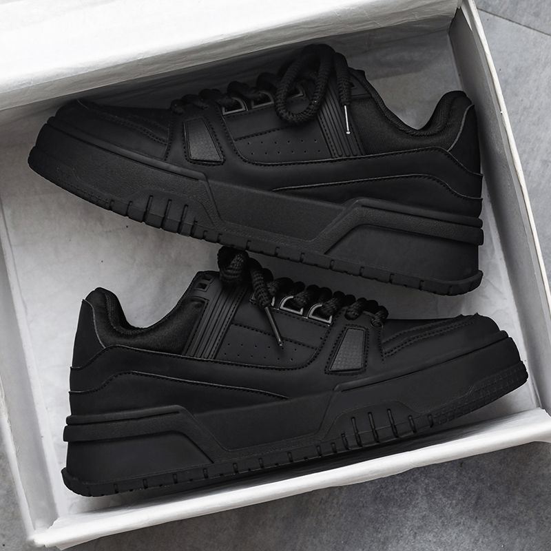 Men's Shoes Spring Versatile Casual Sports Black Board Shoes Men's Thick Sole Raised Leather Surface Waterproof And Anti Slip Work Trendy Shoes_voghion.com