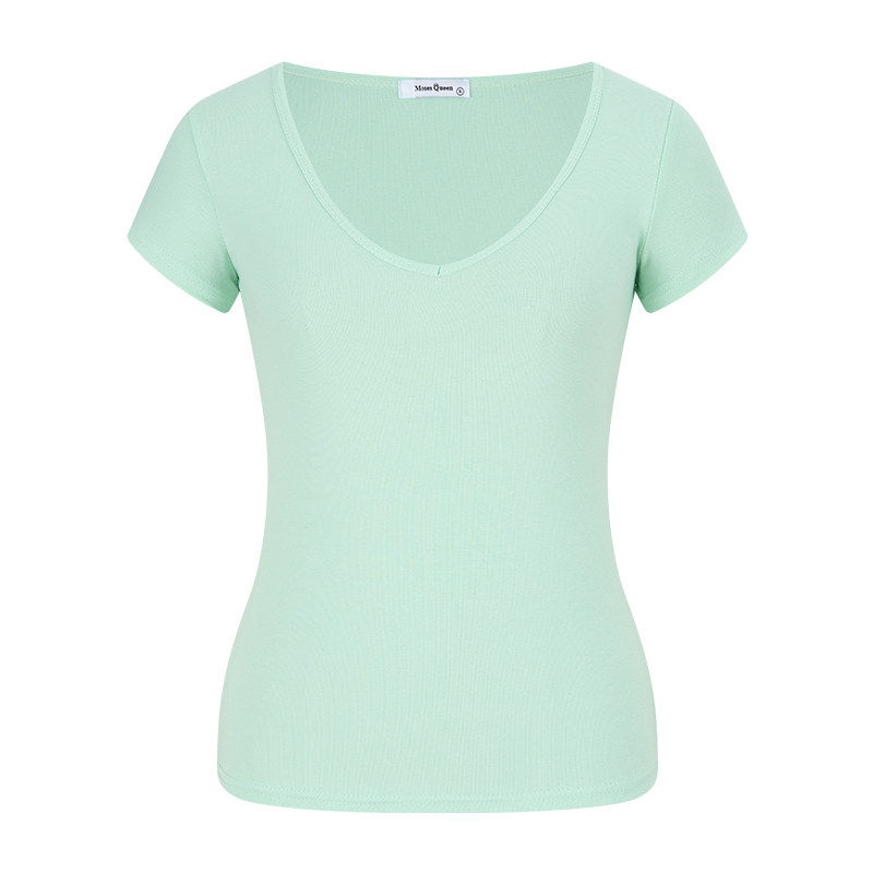 T-shirt V-leher hijau dopamin musim panas, potongan bahu lurus yang elegan dan menguruskan badan, serba boleh dan segar