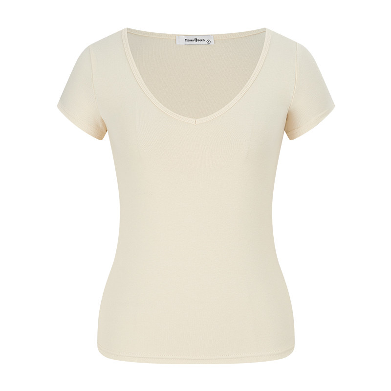 T-shirt V-leher hijau dopamin musim panas, potongan bahu lurus yang elegan dan menguruskan badan, serba boleh dan segar