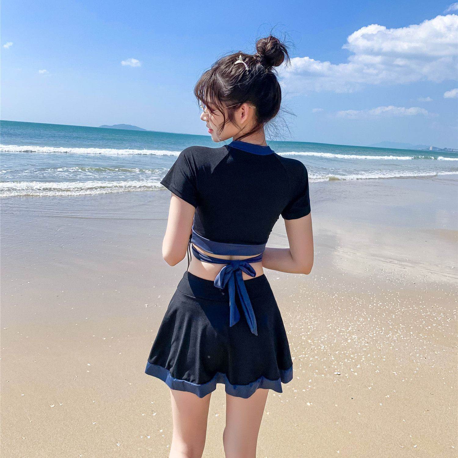 Skirted two-piece swimsuit set, sporty modest design, push-up for small bust, elegant look, student swimming gear