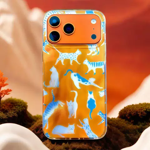 Stylized Blue Cat Orange Translucent Pattern Hard Phone Case for iPhone 17, 16, 15, 14 and 13